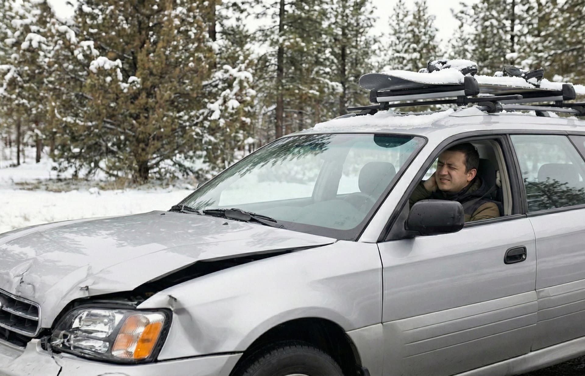 A driver holding their neck in pain after a Subaru fender bender on a snowy Bend, Oregon road, illustrating a common reason for seeking car accident physical therapy.