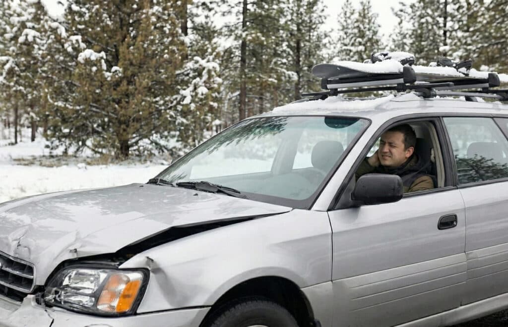 A driver in a damaged Subaru with snowboards on the roof rack holding their neck in pain after a fender bender on a snowy road in Bend, Oregon.