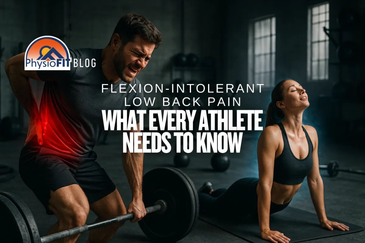 Man on left side of picture has lower back pain when trying to lift weights. Right side of picture shows a woman stretching with no back pain.