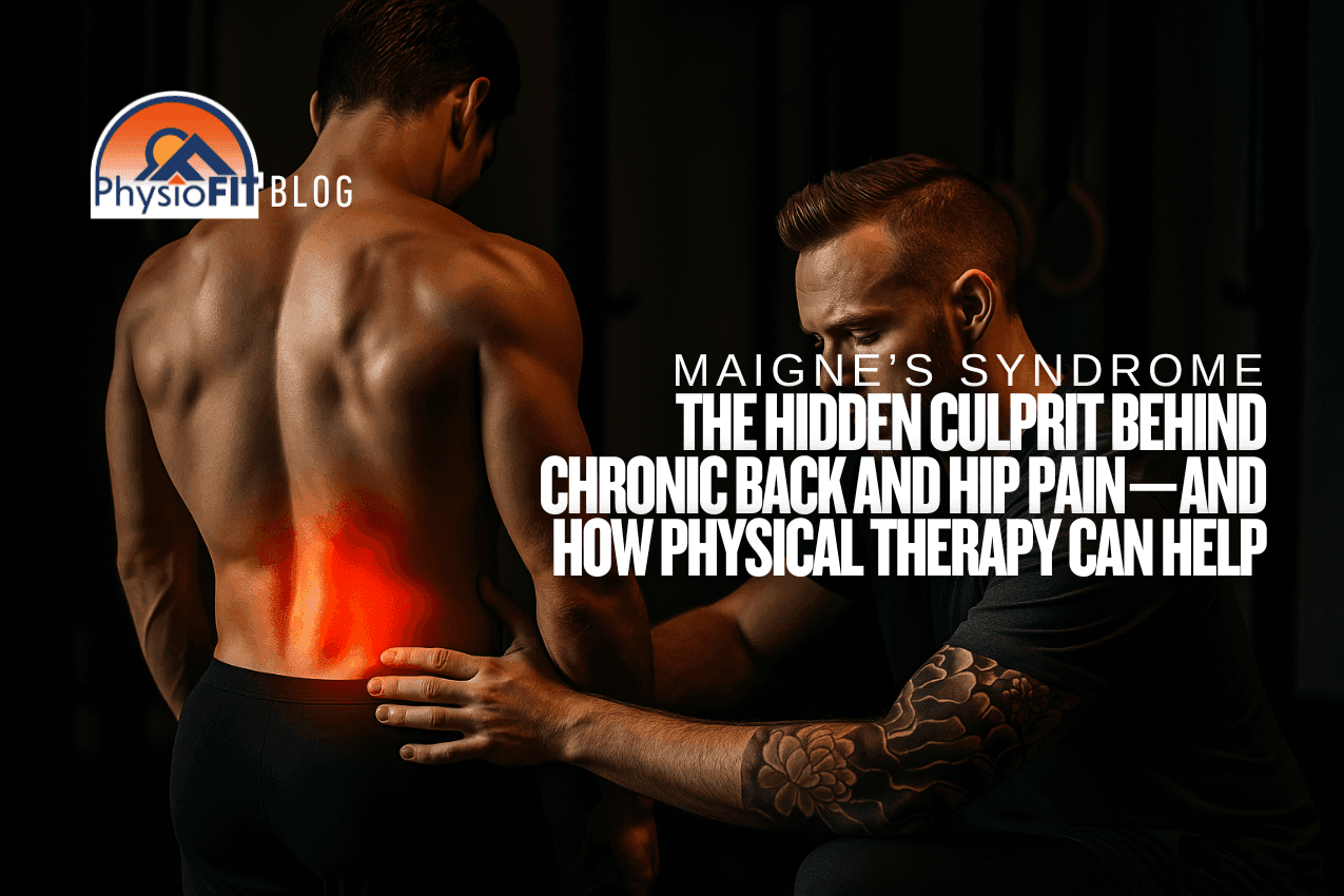 Man shown having lower back pain while another man who is the physical therapist is holding the hips of the man in pain.