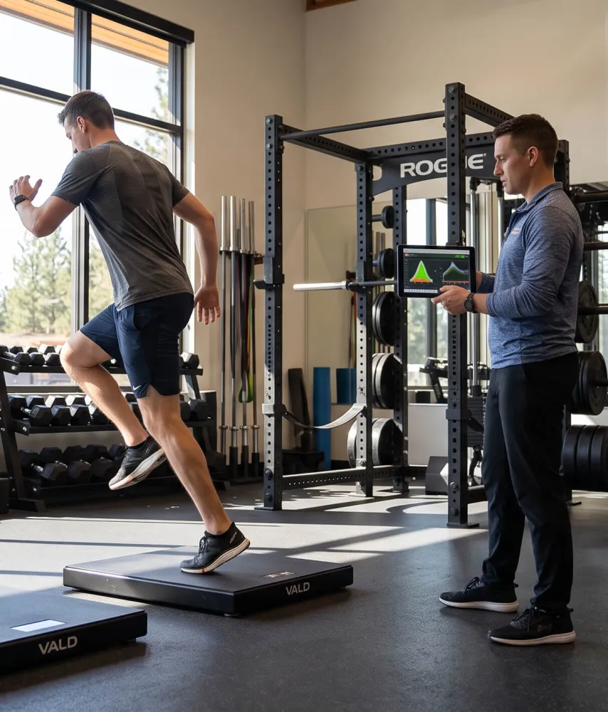 Patient performing a single-leg hop test on VALD ForceDecks during return-to-running assessment after Achilles surgery at PhysioFIT in Bend, Oregon.