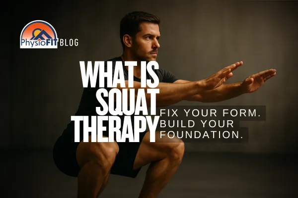 Man in a deep squat. Text overlay says, What is squat therapy Fix your form. Build your foundation.