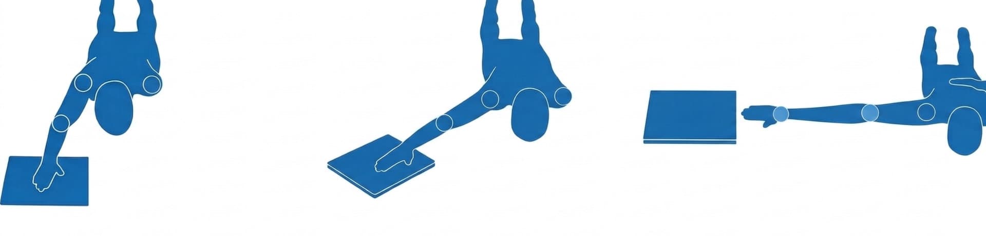 Three blue silhouette figures demonstrating the Athletic Shoulder (ASH) test positions on force plates from a top-down view. These isometric assessments are used in shoulder physical therapy to evaluate strength and asymmetries, helping to treat swimmer's shoulder or shoulder pain when doing push ups.