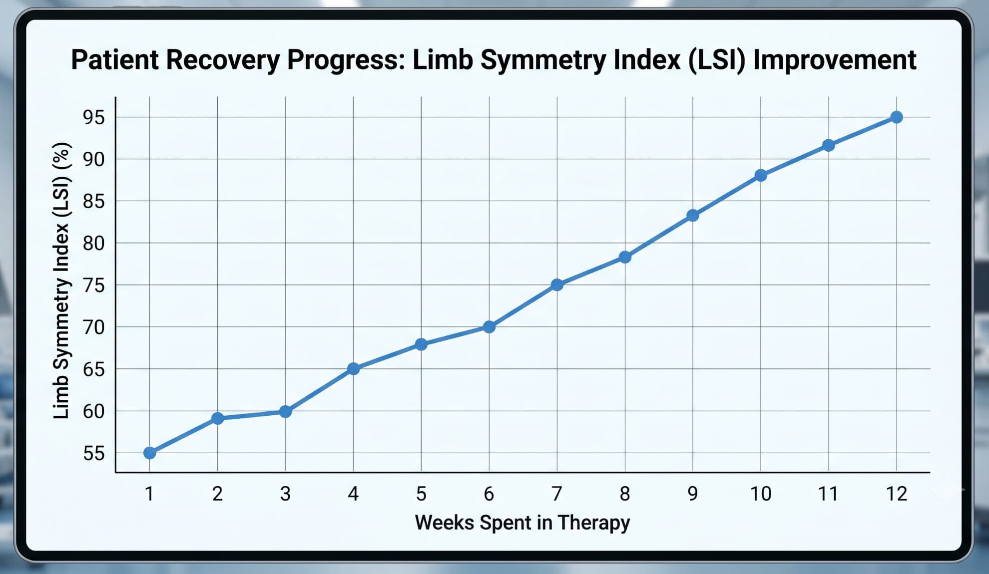 Line graph tracking a patient's limb symmetry index improvement across the Achilles surgery recovery timeline during an evidence-based Achilles rupture rehab program.