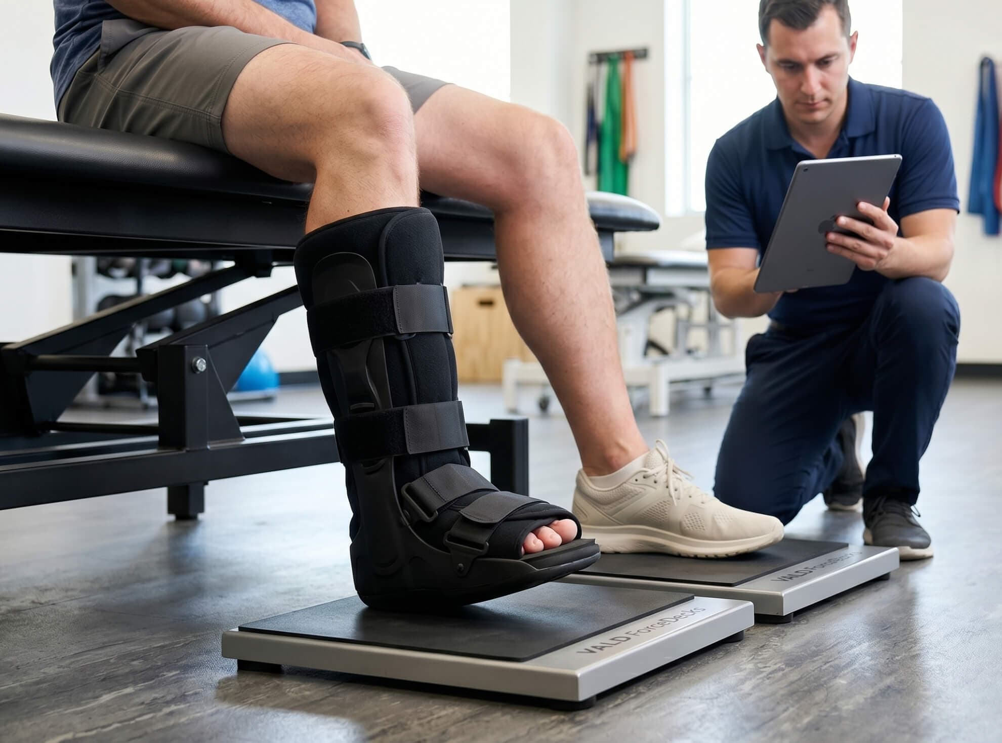 A patient in a post-op walking boot performing a safe isometric force test during Achilles tendon physical therapy and post surgery rehabilitation at an orthopedic physical therapy clinic in Bend, OR.