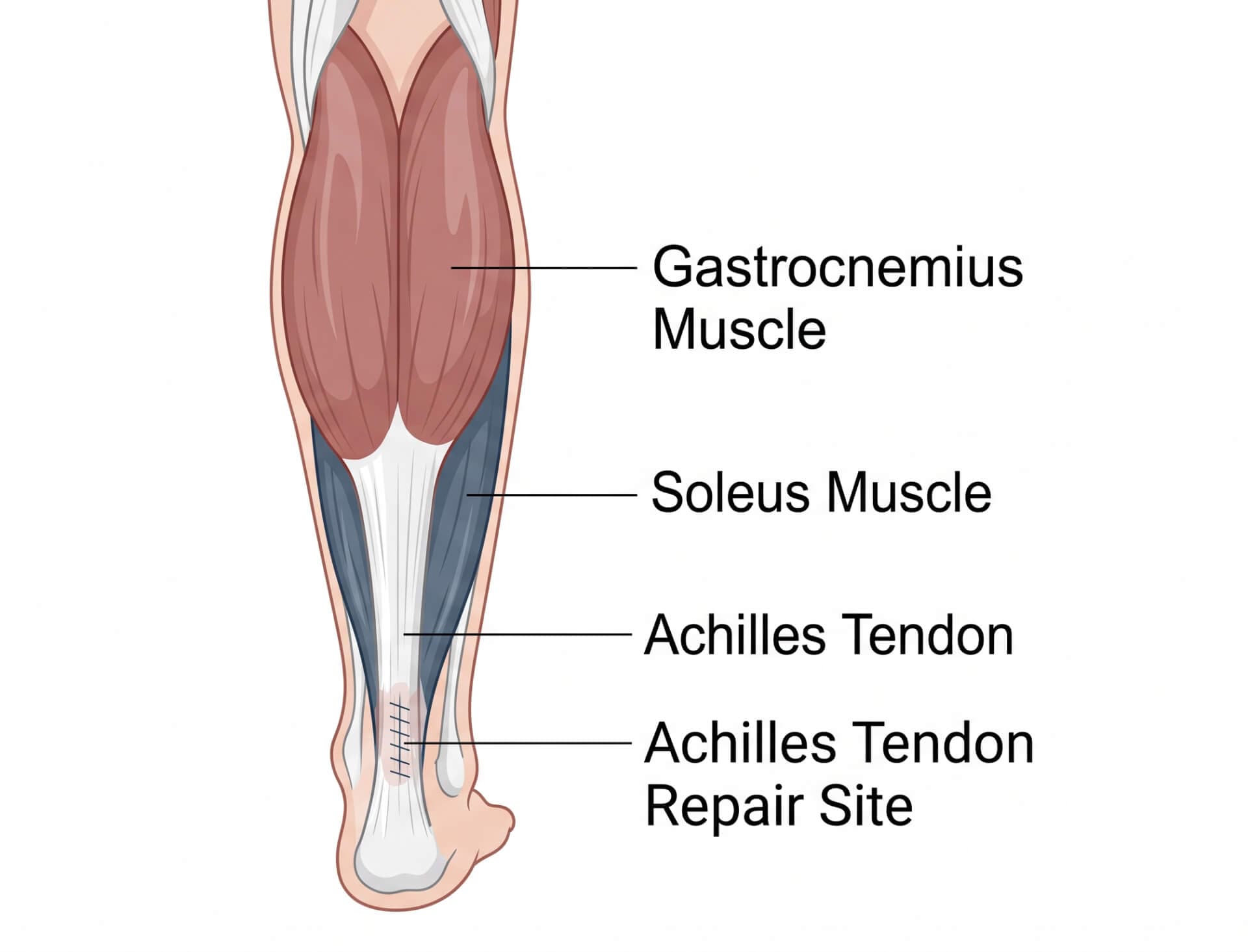 Anatomy diagram of the human lower leg detailing the soleus muscle and gastrocnemius muscle for post-surgical calf muscle rehab after surgery and Achilles tendon repair recovery.