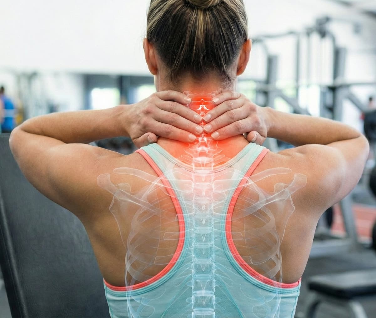 Rear view of an athletic woman in a gym setting holding her neck in discomfort. A digital anatomy overlay highlights the upper cervical spine with a red glow, visually representing symptoms that require professional neck pain treatment and neck pain relief.
