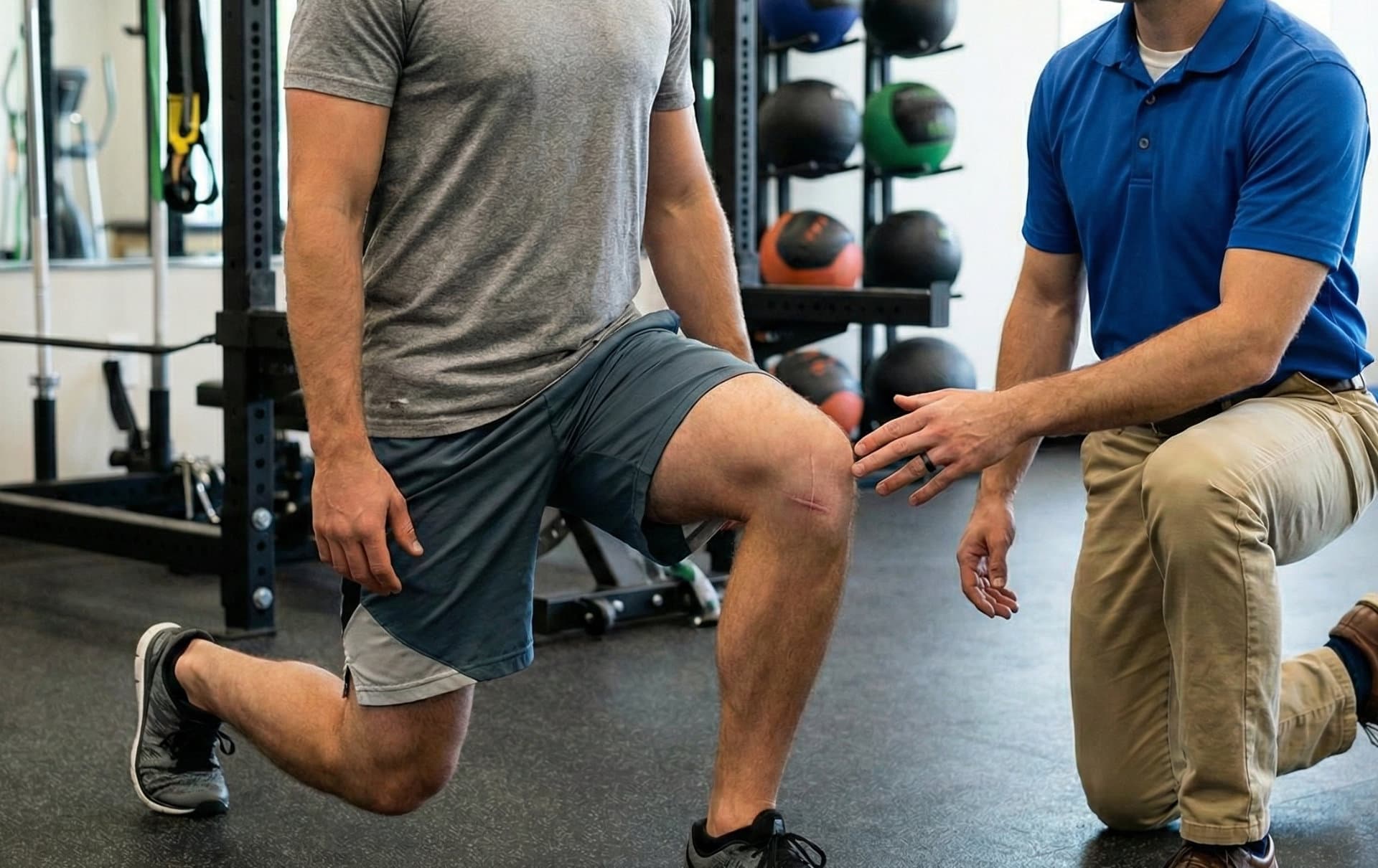 A physical therapist cueing an athlete through a lunge during return-to-sport rehab in Bend