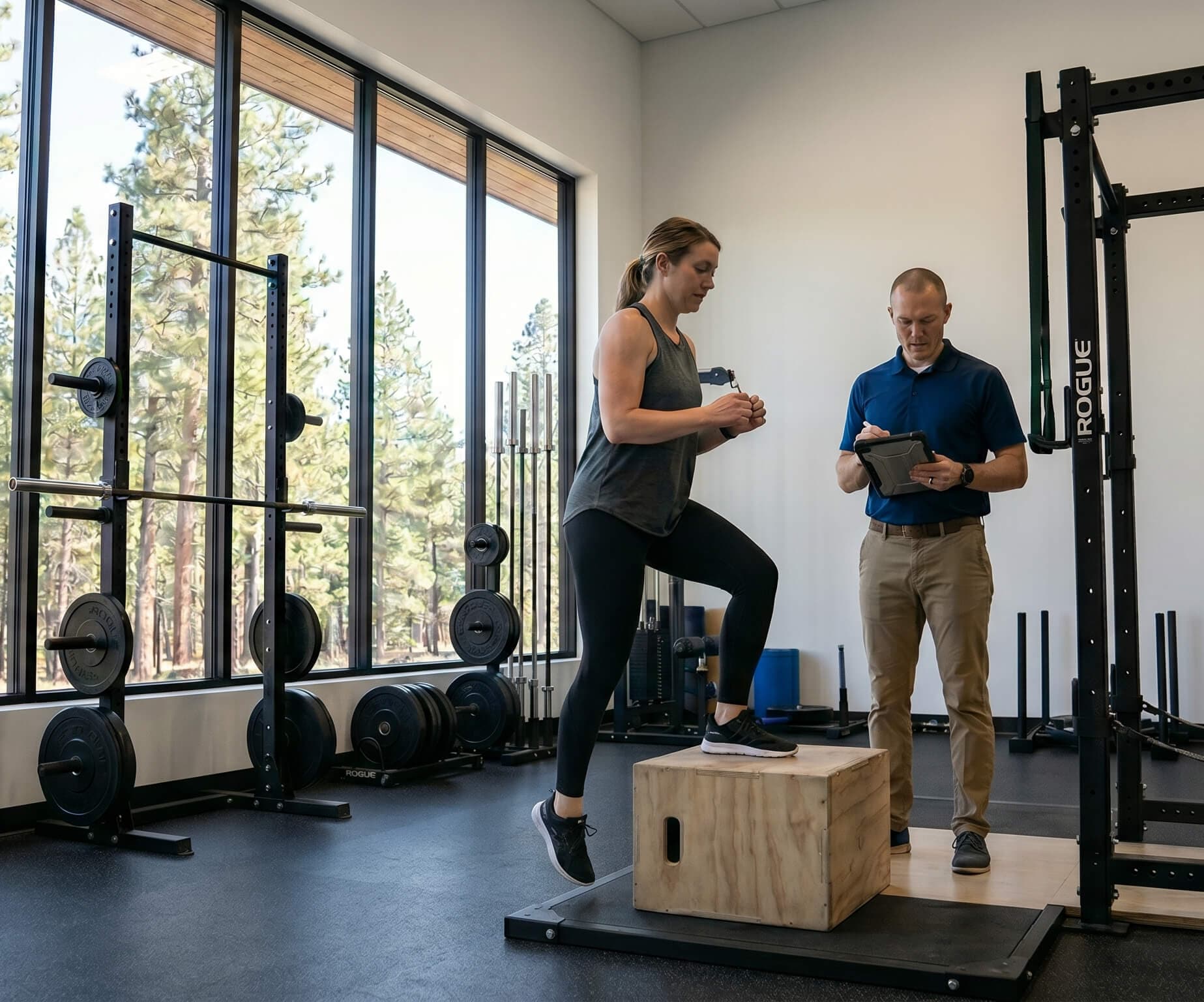 An athlete training for their return to running after Achilles surgery during a specialized treatment session for Achilles tendon rehab in Bend, Oregon.