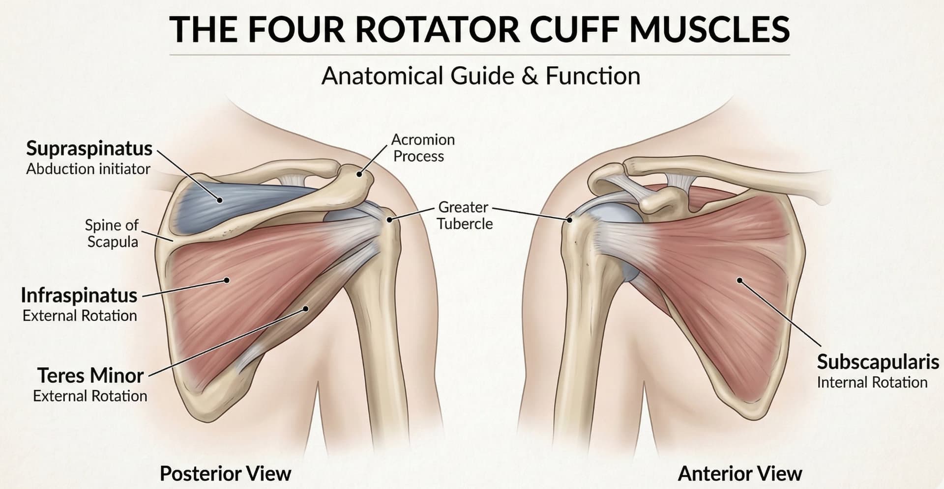 A detailed medical illustration showing the anterior and posterior views of the four rotator cuff muscles (supraspinatus, infraspinatus, teres minor, subscapularis). Understanding this anatomy is crucial for shoulder rehab, treating swimmer's shoulder physical therapy patients, and guiding safe shoulder exercises after surgery.