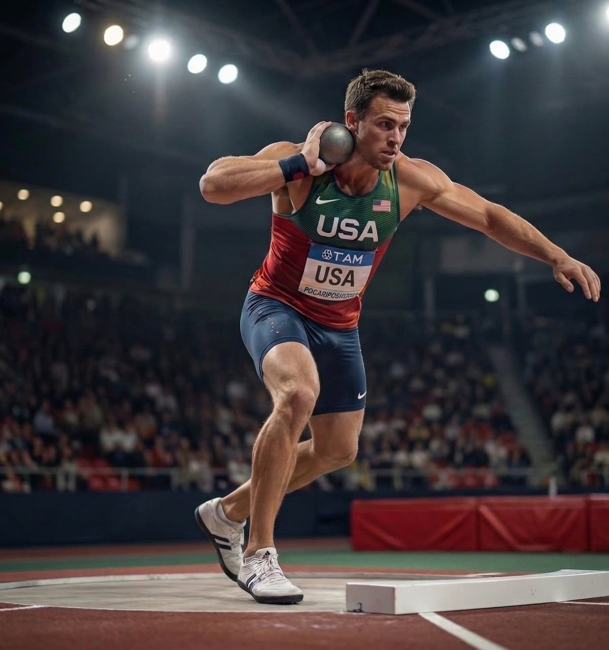 A male USA shot put athlete winding up for a heavy throw on an indoor track. The image illustrates the extreme upper body forces that can lead to shoulder pain from lifting and throwing, highlighting the need for athletic shoulder rehab and conditioning.
