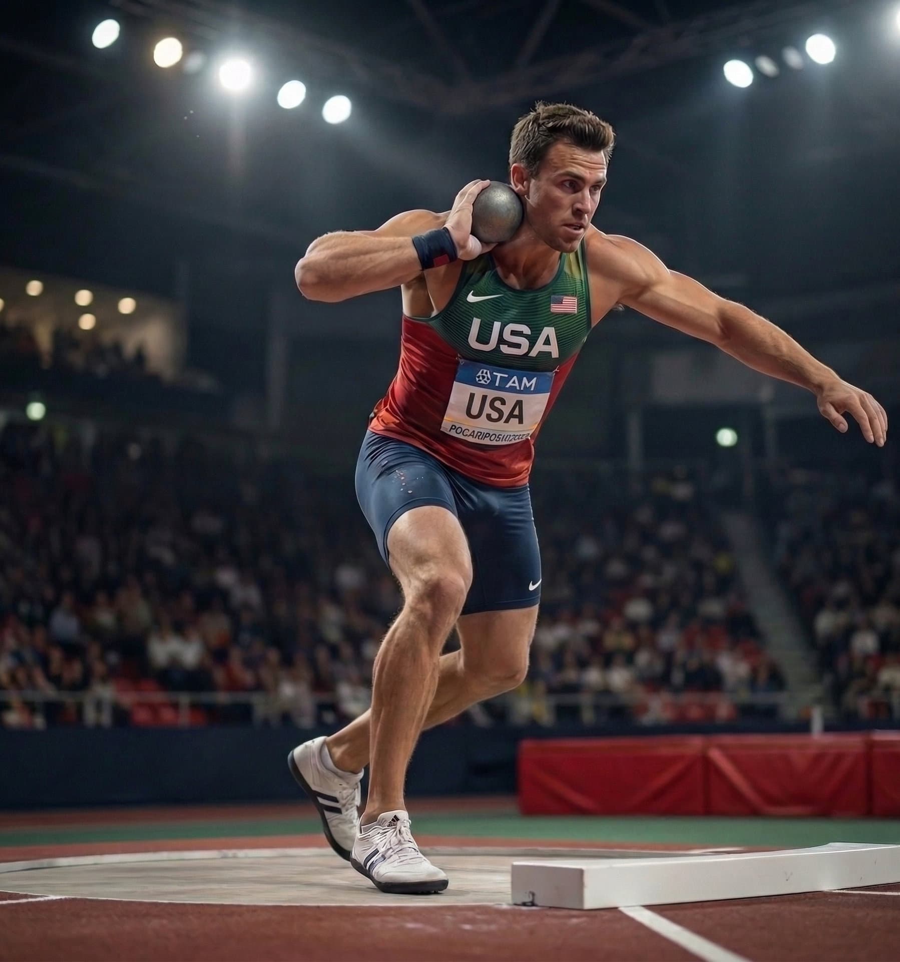 A shot-put athlete training shoulder power at PhysioFIT in Bend, Oregon