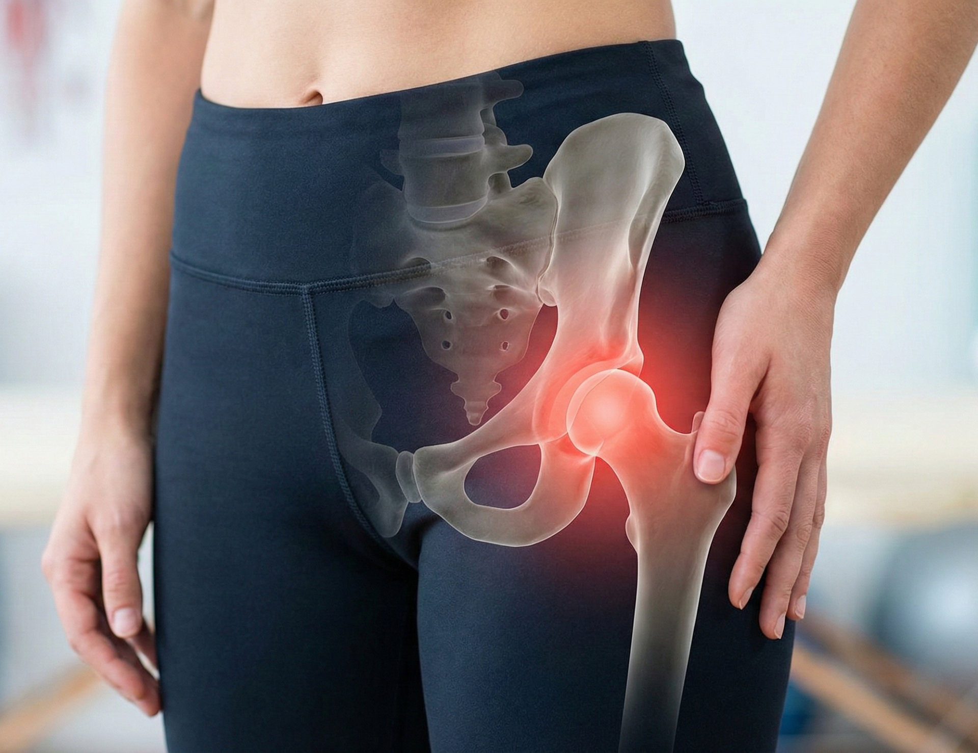 lose-up view of a woman's hips in black workout pants with a digital overlay of the human pelvis and femur bones. A red glow highlights the hip ball-and-socket joint, visually representing inflammation and the need for hip pain relief.